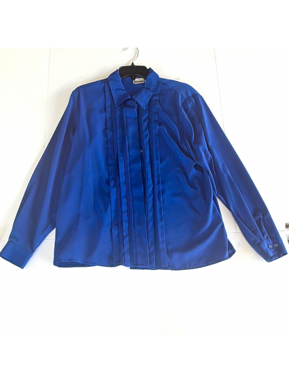 Liz Baker Women’s Blue Solid Satin Pleated Collared Button Front Blouse 12